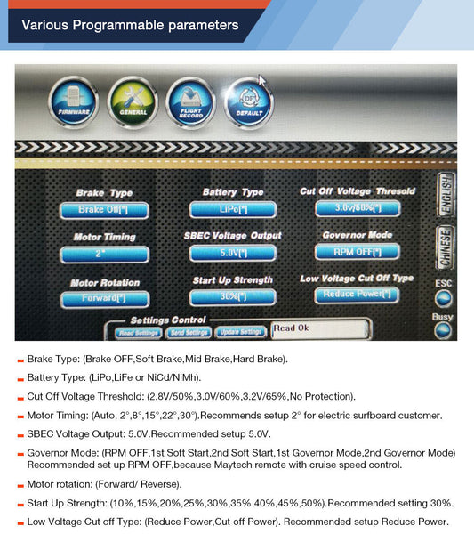 maytech 300A ESC progcard instruction to adjust value on ESC