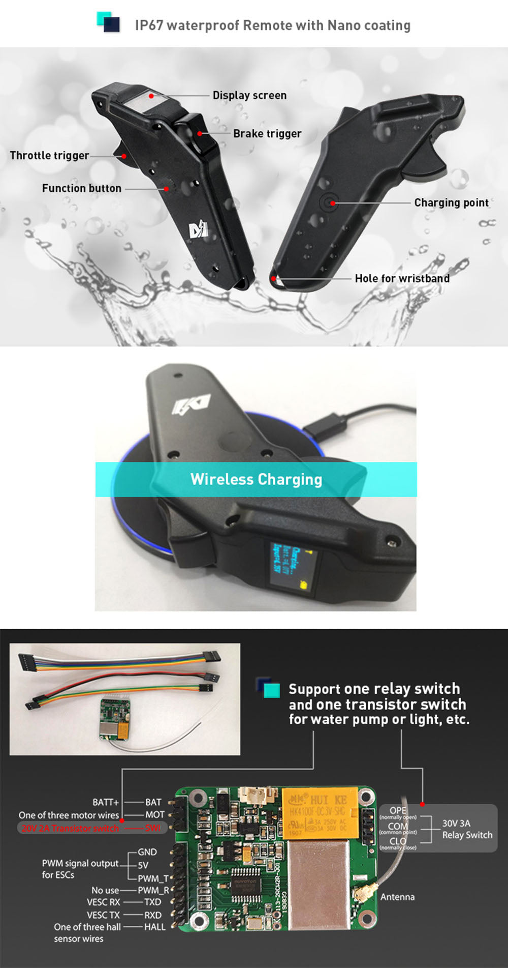 maytech waterproof remote, MTSKR1905WF, IP67 waterproof, display screen, throttle trigger, speed control, cruise control, brake functin, wireless charging, electric surfboard, electric skateboard, mountainboard, elongboard