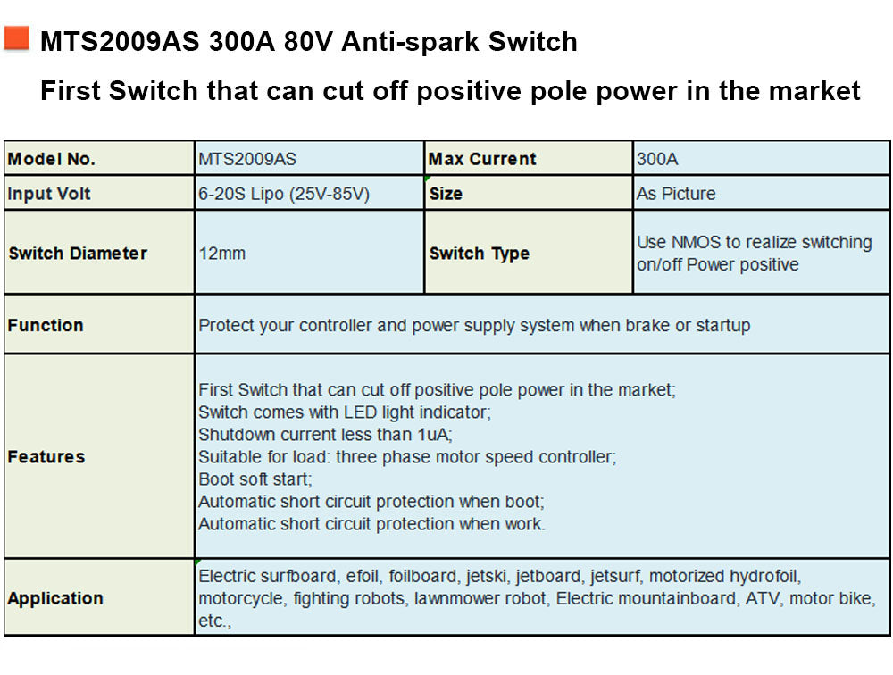 Maytech MTS2009AS 300A 80V Electronic Anti-spark Switch Battery Cutoff Switch with Short Circuit Protection for Electric Hydrofoil Efoil Surfboard