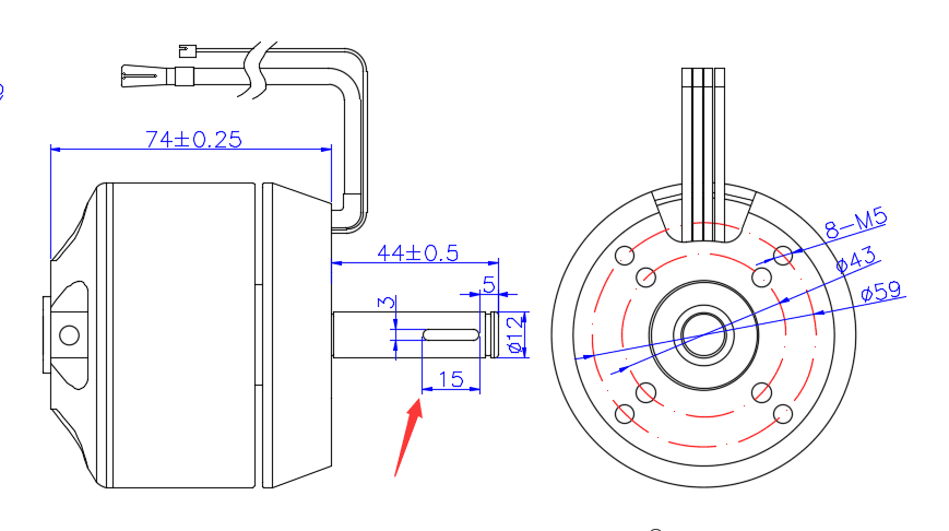 8085 motor drawing, electric skateboard, elongboard, mountainboard brushless dc motor, sensored motor, sealed cover motor