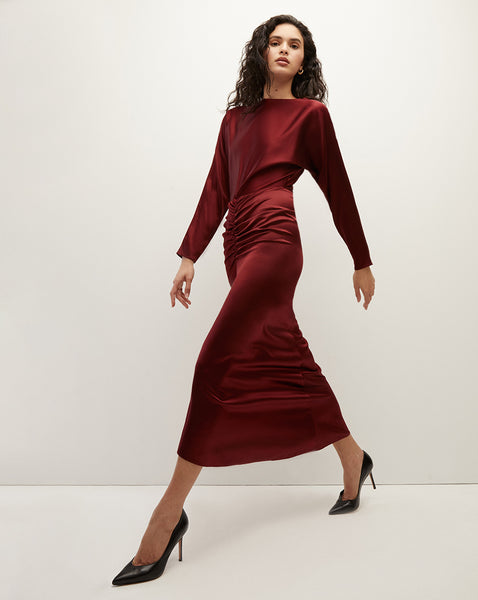 Long Sleeves Bateau Neck Ruched Evening Dress