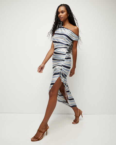 One Shoulder Drawstring Ruched Asymmetric Striped Print Dress