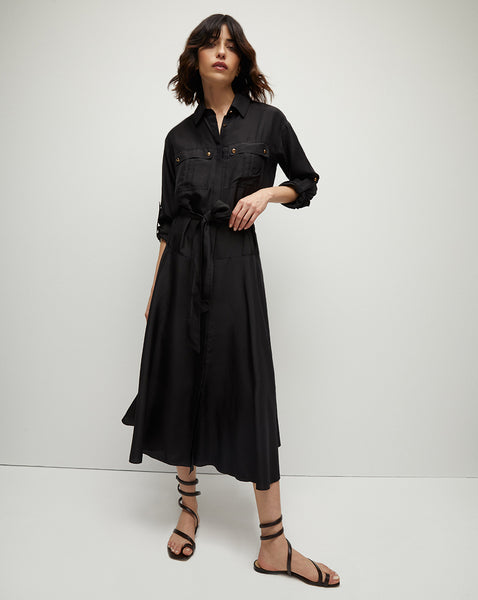 Sophisticated A-line Collared Belted Pocketed Silk Shirt Dress