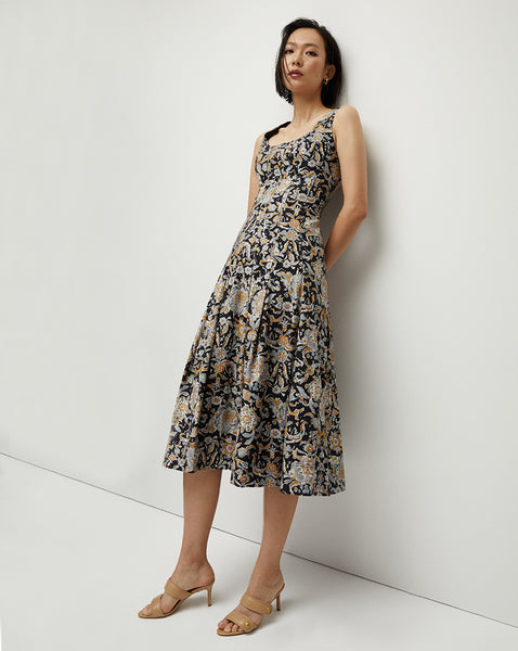 Full-Skirt Paisley Print Fitted Cotton Scoop Neck Midi Dress