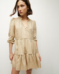 Self Tie Tiered Linen Collared Spring Dress With Ruffles
