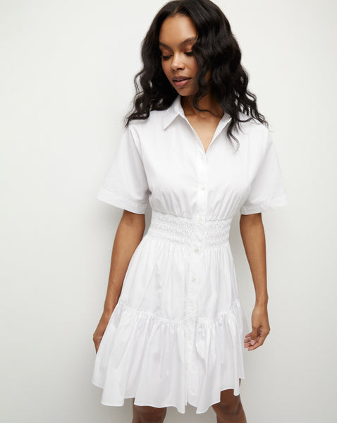 Fall Fit-and-Flare Shirred Fitted Tiered Shirt Dress With Ruffles