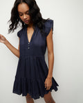 V-neck Collared Linen Tiered Flutter Sleeves Spring Cover Up With Ruffles and Pearls