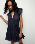 V-neck Linen Flutter Sleeves Tiered Spring Collared Cover Up With Ruffles and Pearls