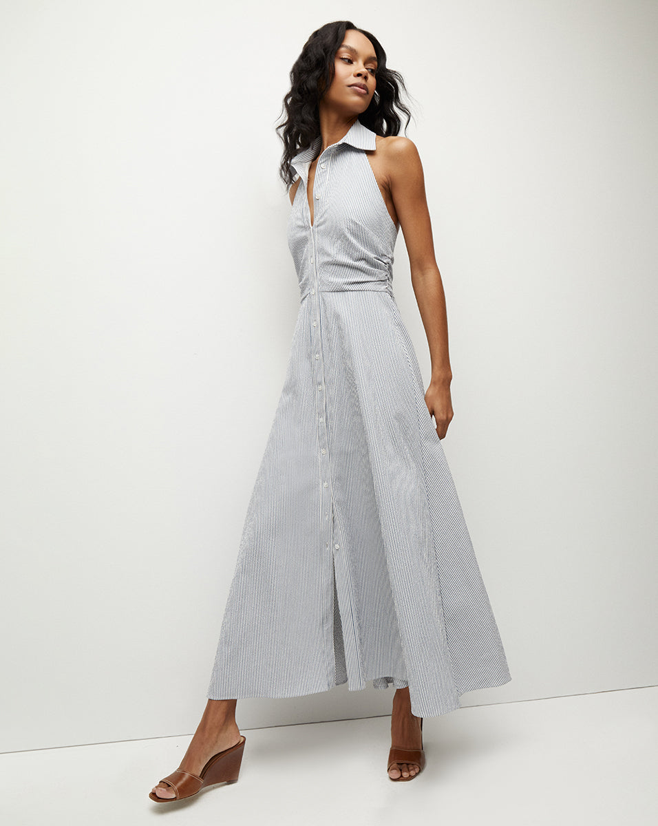 Shop Veronica Beard Mackey Seersucker Halter Dress In Blue/white