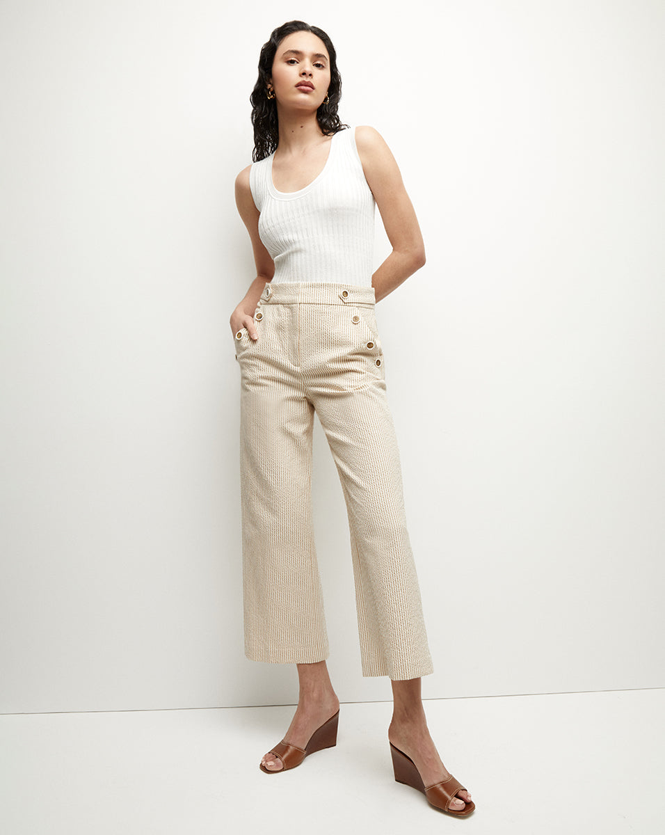 Shop Veronica Beard Hunter Seersucker Pant Khaki White In Khaki/white