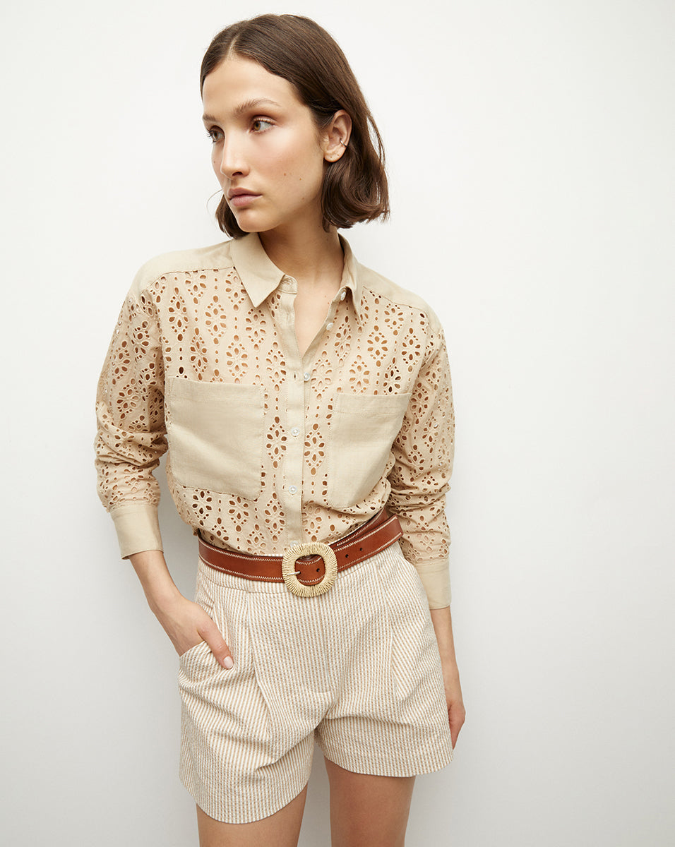 Veronica Beard Aderes Cotton Eyelet Shirt Stone Khaki