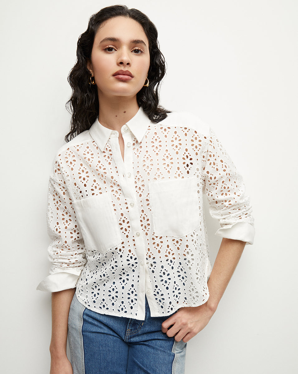 Shop Veronica Beard Aderes Cotton Eyelet Shirt In White