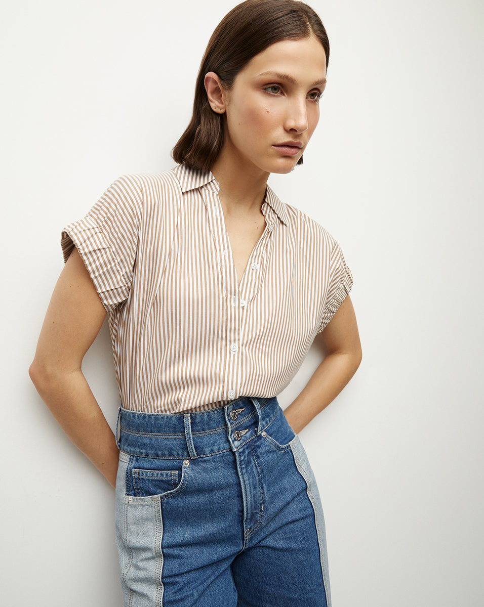 Shop Veronica Beard Matera Cotton Button-down Shirt In Acorn/white