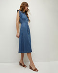 A-line Cotton Pleated Button Closure Spring Cap Sleeves Shirt Midi Dress