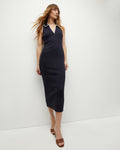 V-neck Collared Fall Contrast Trim Racerback Ribbed Cotton Club Dress/Midi Dress