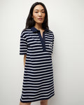 V-neck Short Collared Elbow Length Sleeves Striped Print Embroidered Summer Dress