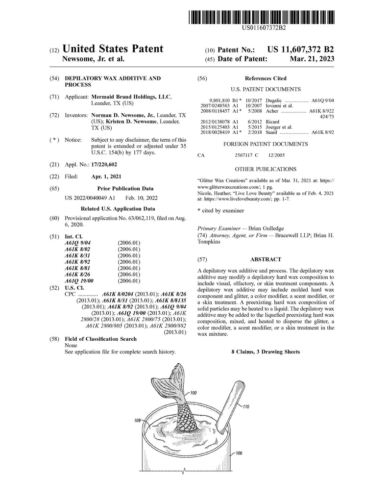 United States Patent 11,607,372 B2 For "Depilatory Wax Additive & Process"