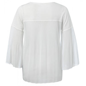 Cotton Blend Fabric Mix V Neck Top With Woven Pleats Yaya Cento Wear