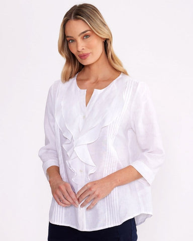 Yarra Trail Ruffle Linen Shirt White