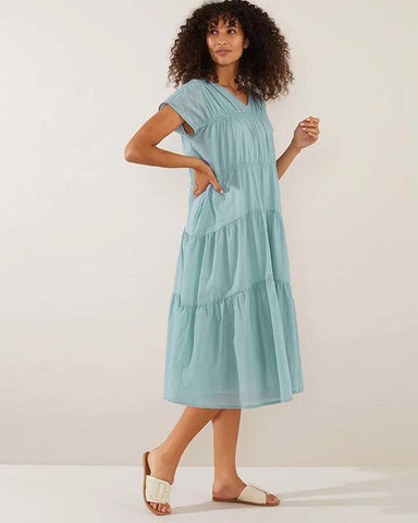 Yarra Trail Tiered Cotton Dress - Duck Egg