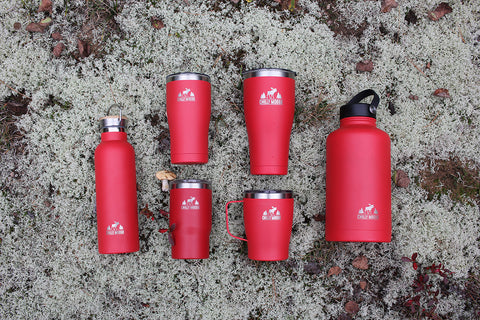 Chilly Moose collection of stainless steel vacuum insulated drinkware, shown in Canoe Red
