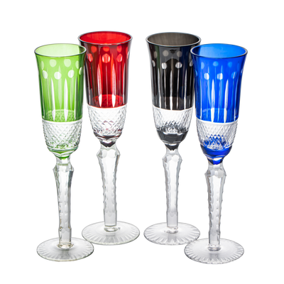Set of 4 Multicolor Handblown Champagne Flutes from Mexico, 'Intense Luxury