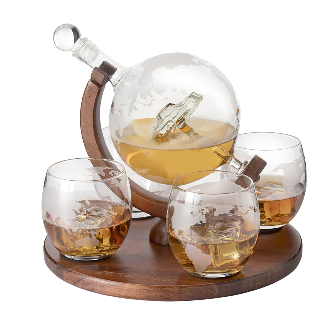 (CANADA ONLY) Etched World Decanter Car Whiskey Globe With 4 World Map Glasses
