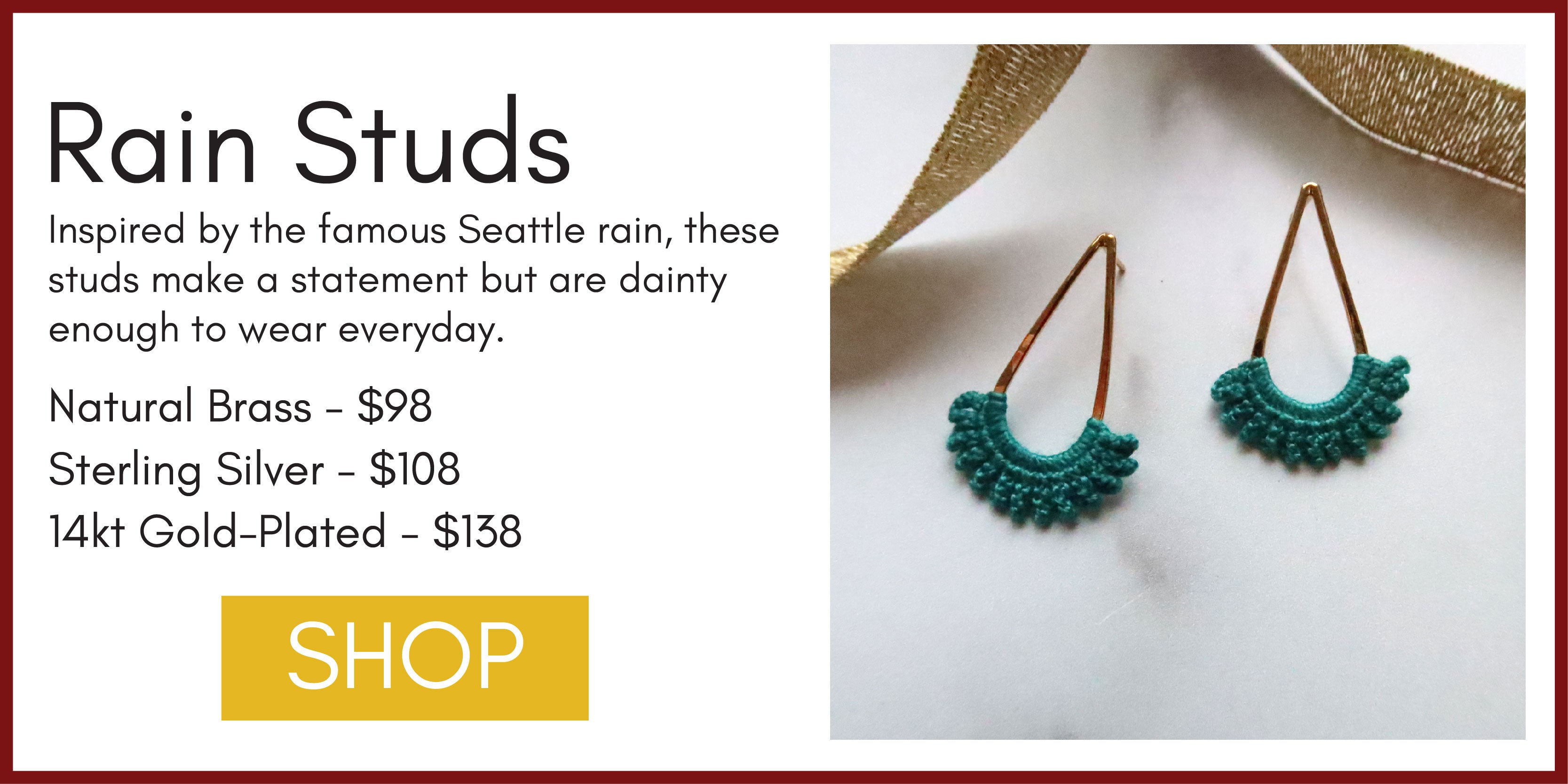 Graphic with title "Rain Studs" and an image that shows the Rain Studs in Turquoise with a gold ribbon in the background
