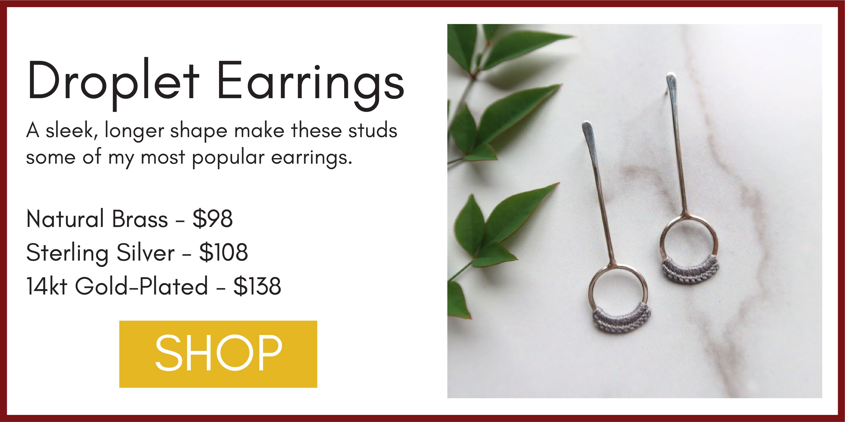 Graphic with title "Droplet Earrings" and an image that shows the Droplet Earrings in Slate with holiday greenery in the background