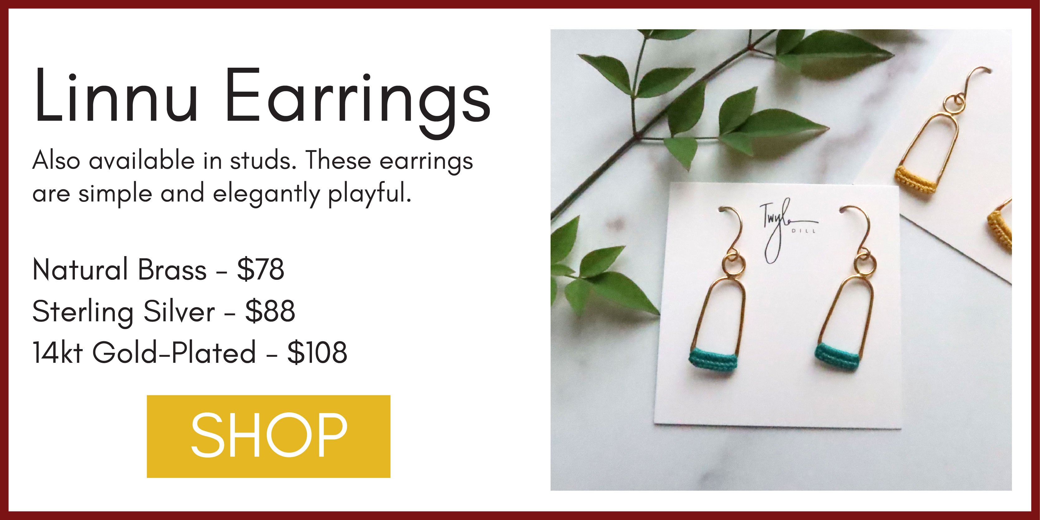 Graphic with title "Linnu Earrings" and an image that shows the Linnu Earrings in Turquoise on a jewelry card with holiday greenery in the background