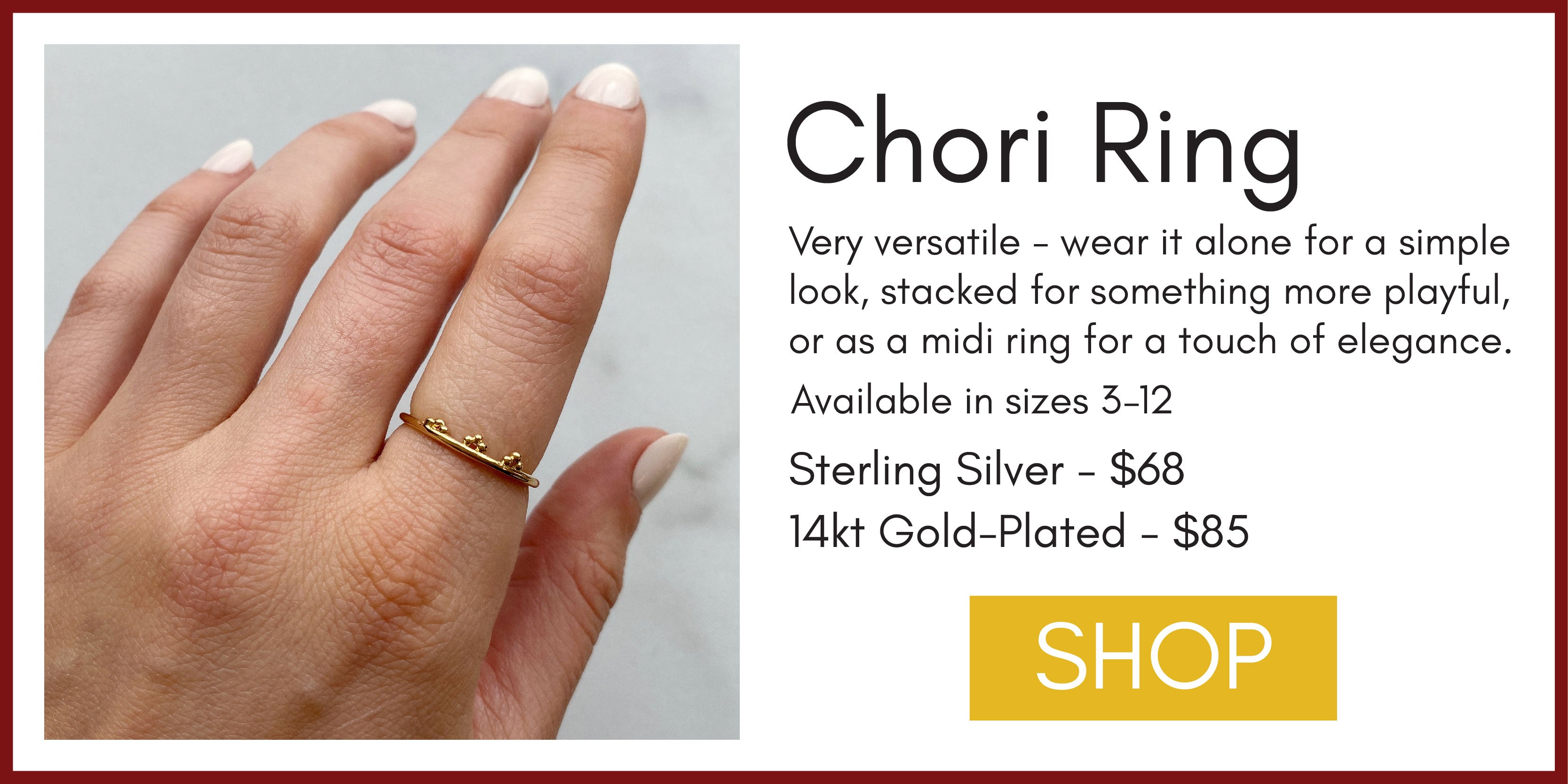 Graphic with title "Chori Ring" and an image that shows the Chori Ring on someone's finger