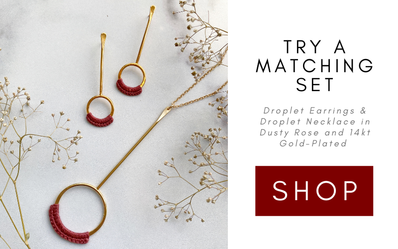 Graphic with a matching set of Droplet Earrings and Droplet Necklace in Dusty Rose
