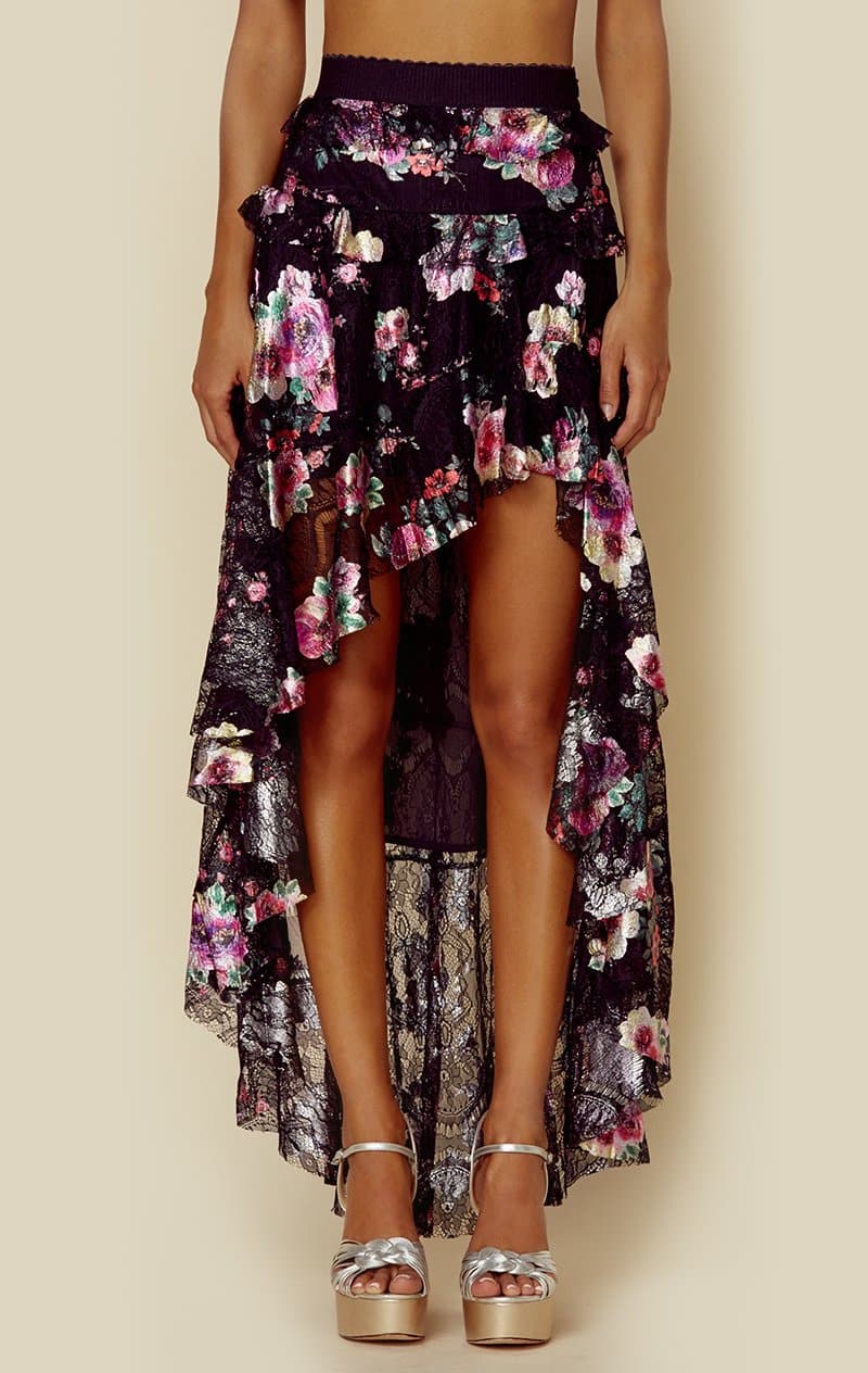 FOR LOVE AND LEMONS BENATAR TIERED RUFFLE MAXI SKIRT - FOIL FLORAL