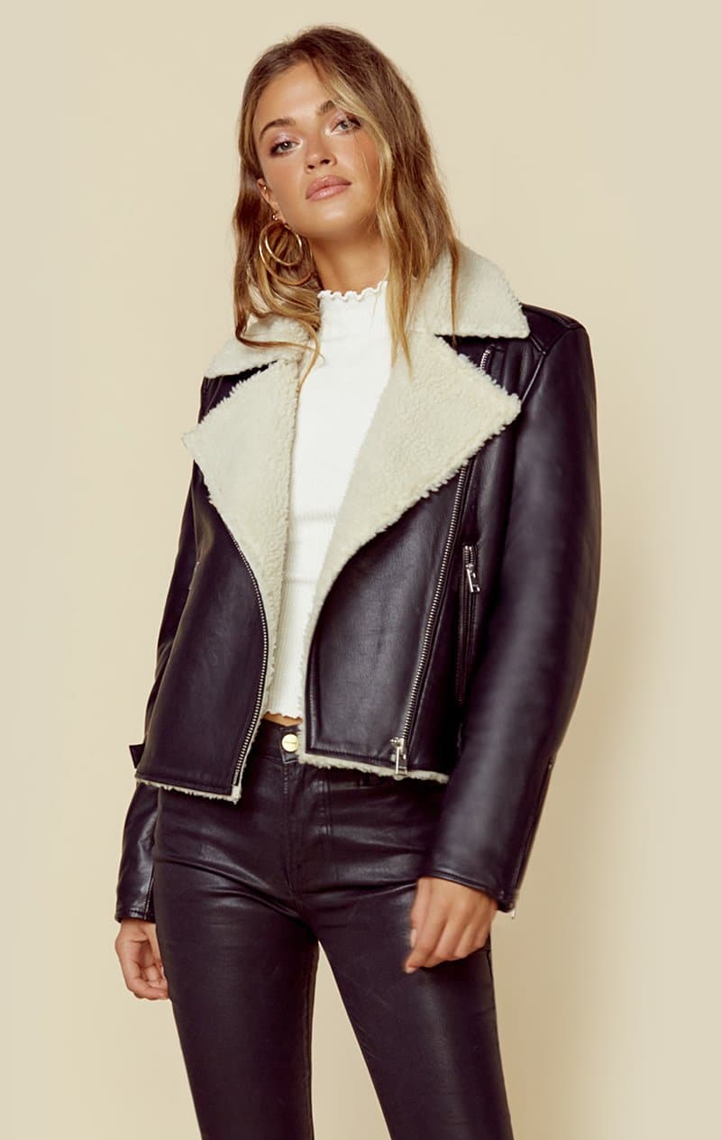 LAMARQUE GALIENE FAUX SHERPA LEATHER BIKER JACKET - BLACK