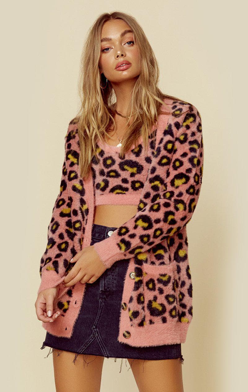 KNITZ/FOR LOVE AND LEMONS MARIELLE LEOPARD V NECK CARDIGAN - PINK LEOPARD