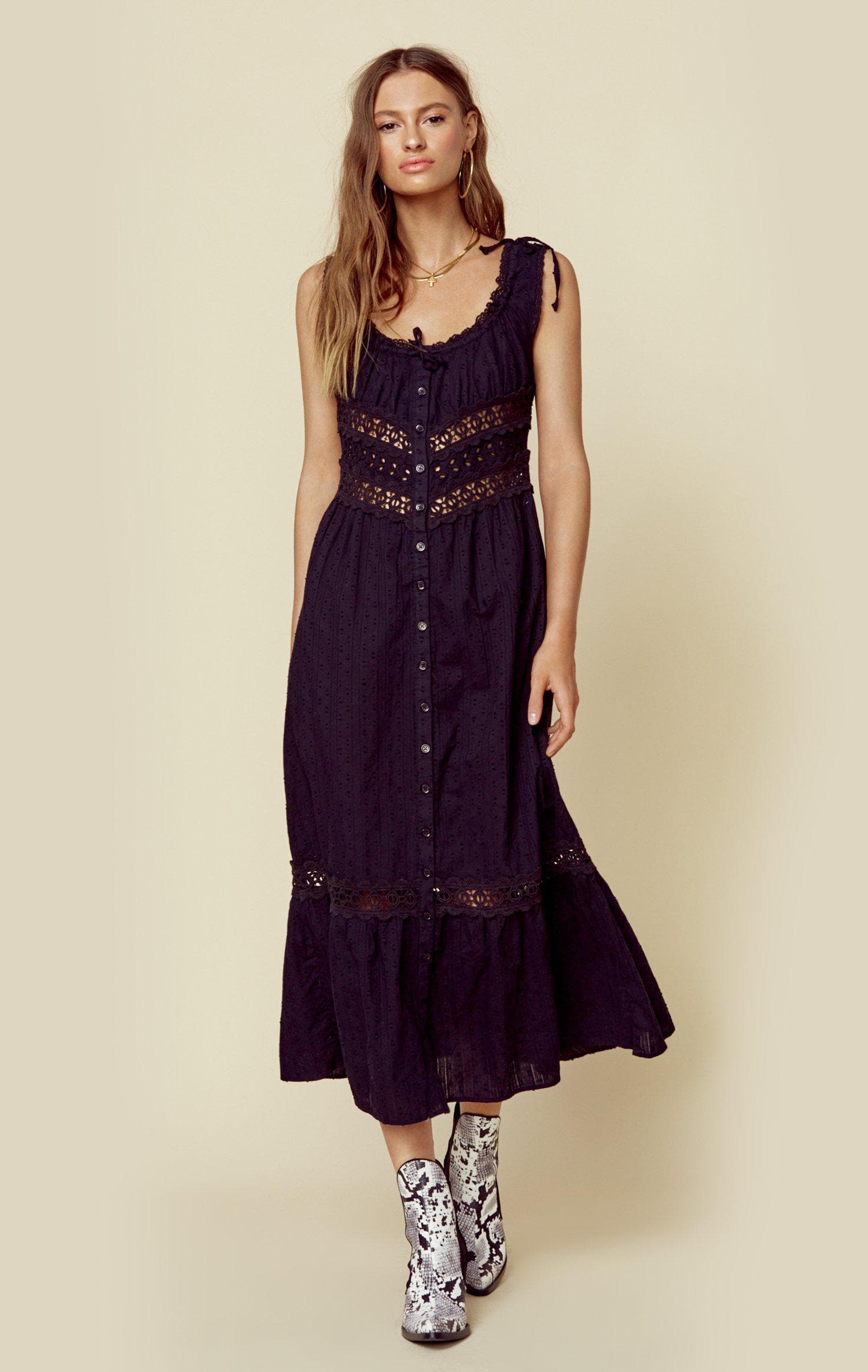 RAHI TOPANGA LACE MIDI DRESS - BLACK