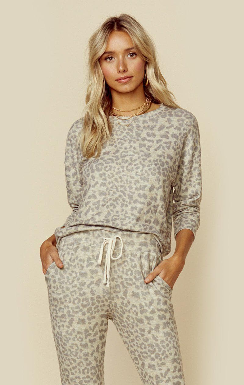 SUNDRY LEOPARD PRINT DRAPEY SWEATER - SAND