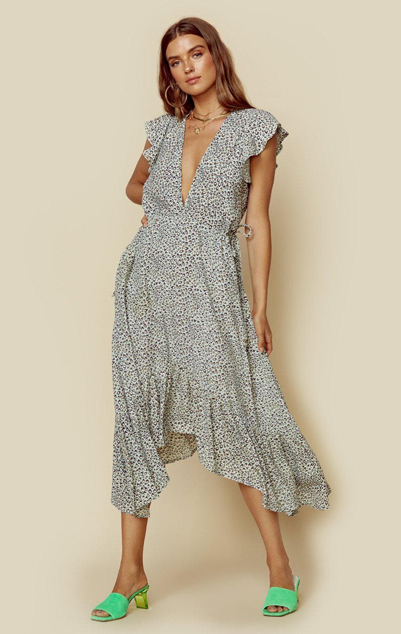 KIVARI TIE SIDE MIDI DRESS - SAGE LEOPARD