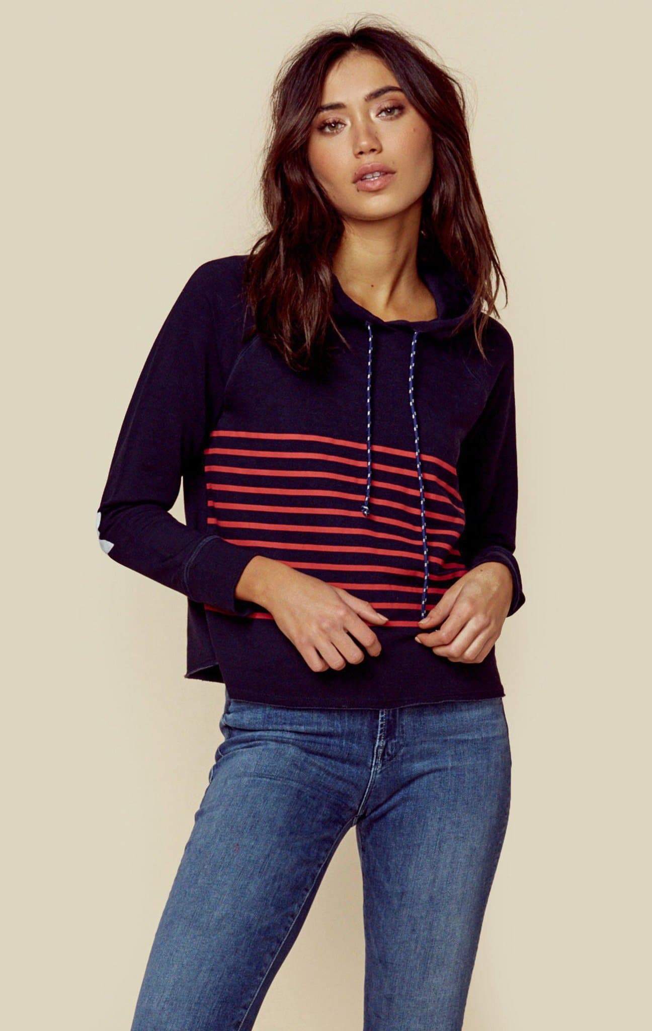 SUNDRY CROP HOODIE STRIPES + HEART - MIDNIGHT