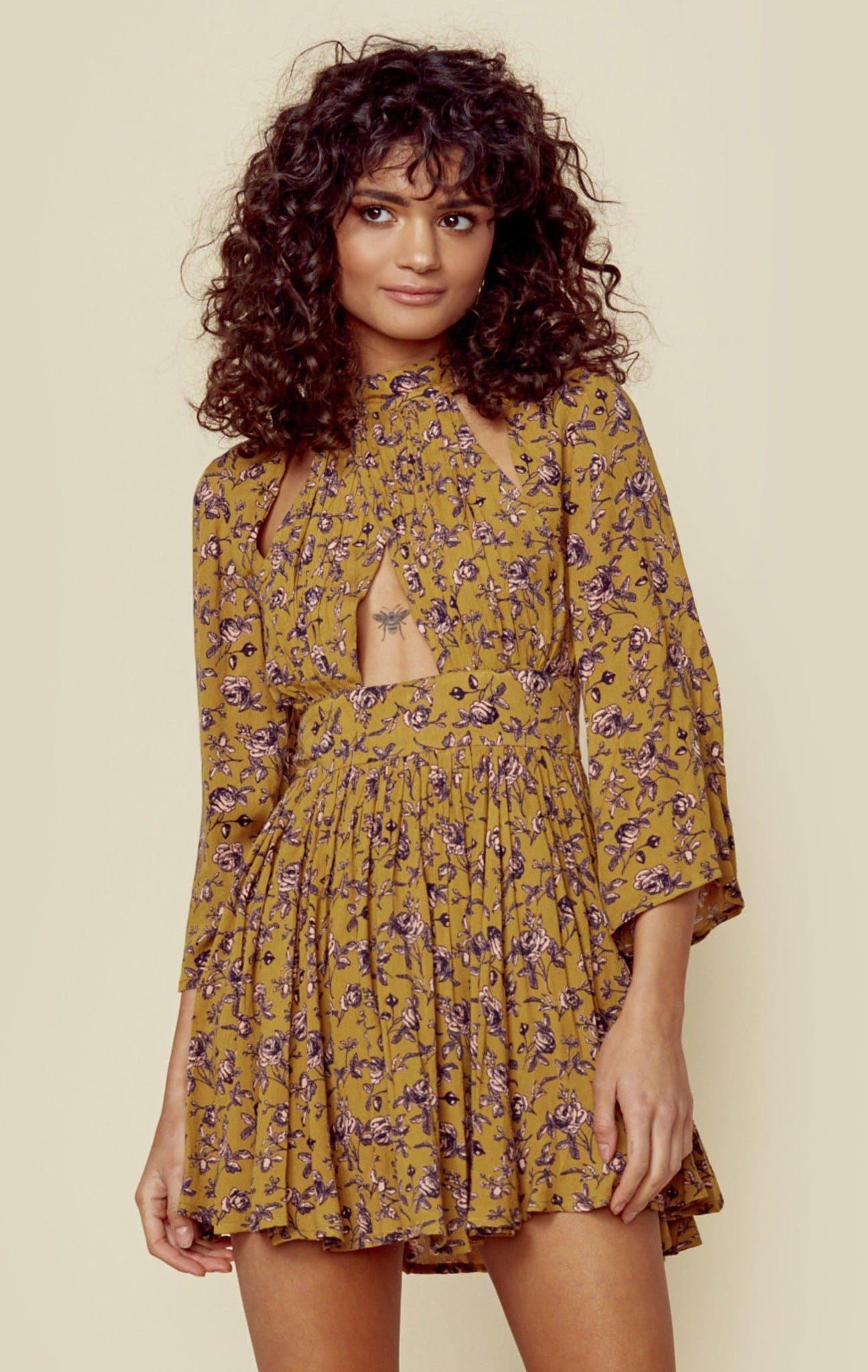 RAGA SOFIA CUTOUT SHORT DRESS - FLORAL MUSTARD