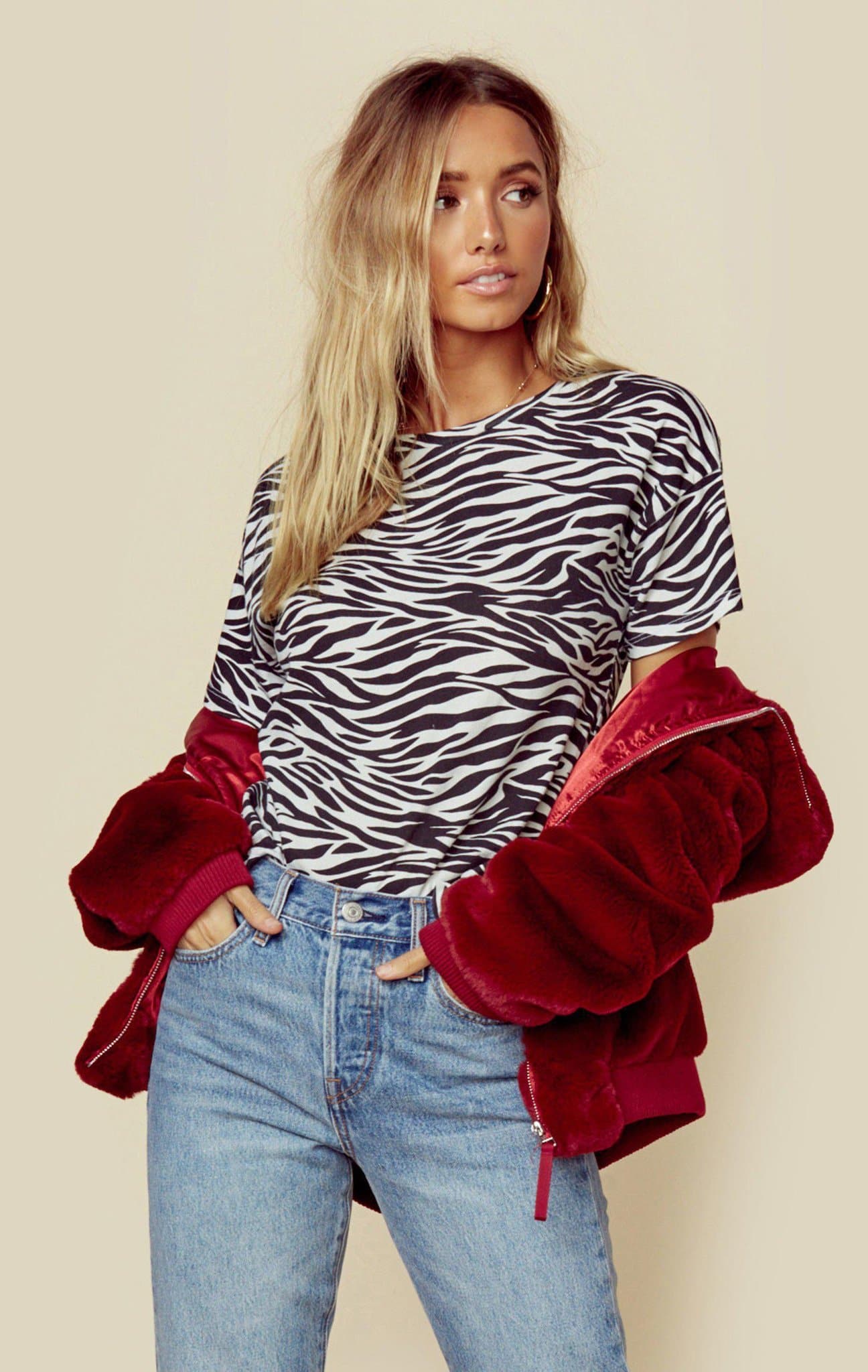 LNA Clothing ZEBRA PRINT BOXY CREW - WHITE ZEBRA