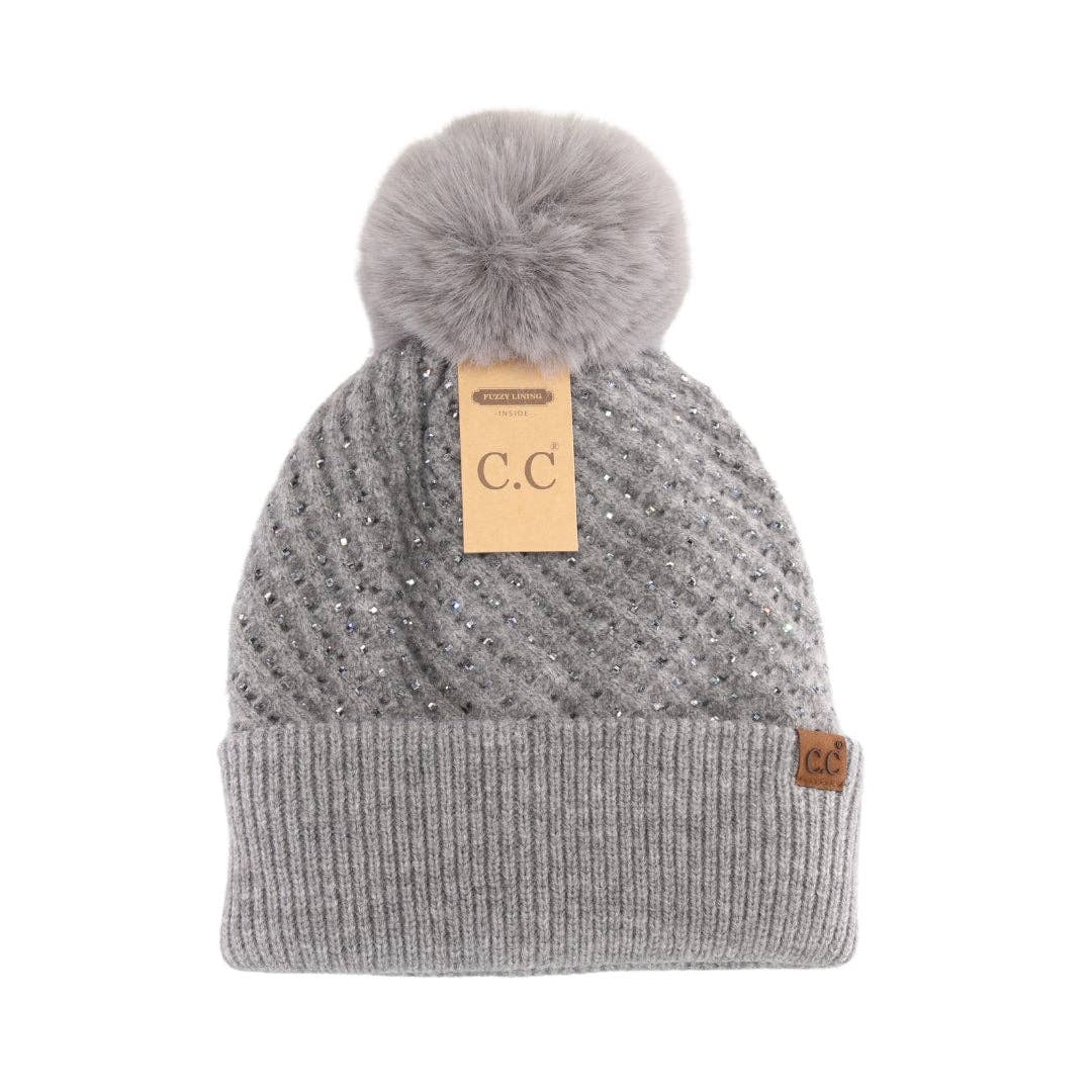 Allover Rhinestone C.C Faux Fur Pom Beanie