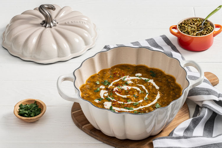 Cajun Pumpkin Soup in Pumpkin Shaped Dutch Oven