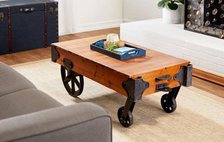 Chelsea Grove 56137 Metal and Rustic Wood Cart Coffee Table with Wheels