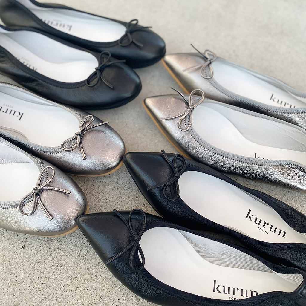 kuruntokyo ballet shoes brand recommended easy to wear comfortable popular silver size bare feet socks black gray foil