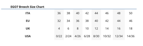 Ego7 Size Chart