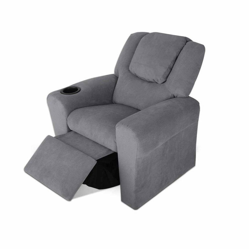 Childs Recliner Chair Luxury Fabric Padding W Drink Holder Grey