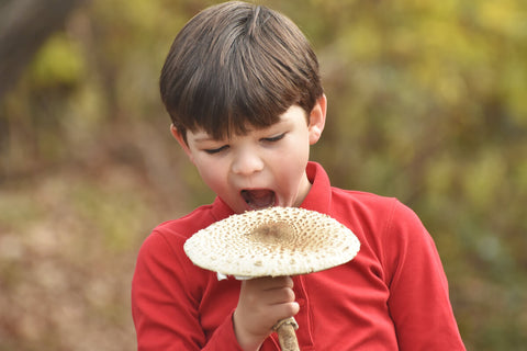Vitamin D for kids: little boy about to bite a mushroom