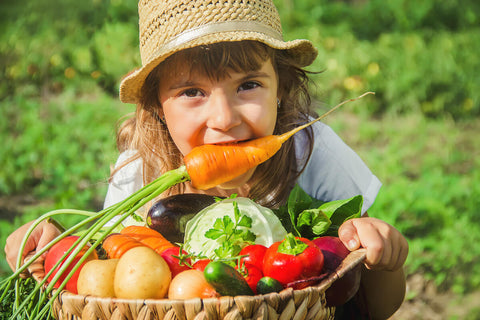 Little girl with a freshly harvested basket of vegetables