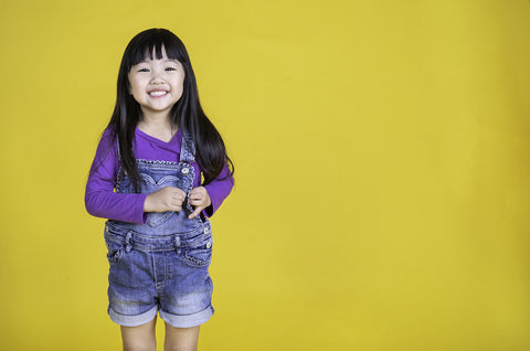 Vitamin B12 for kids: happy little girl standing in front of a yellow wall